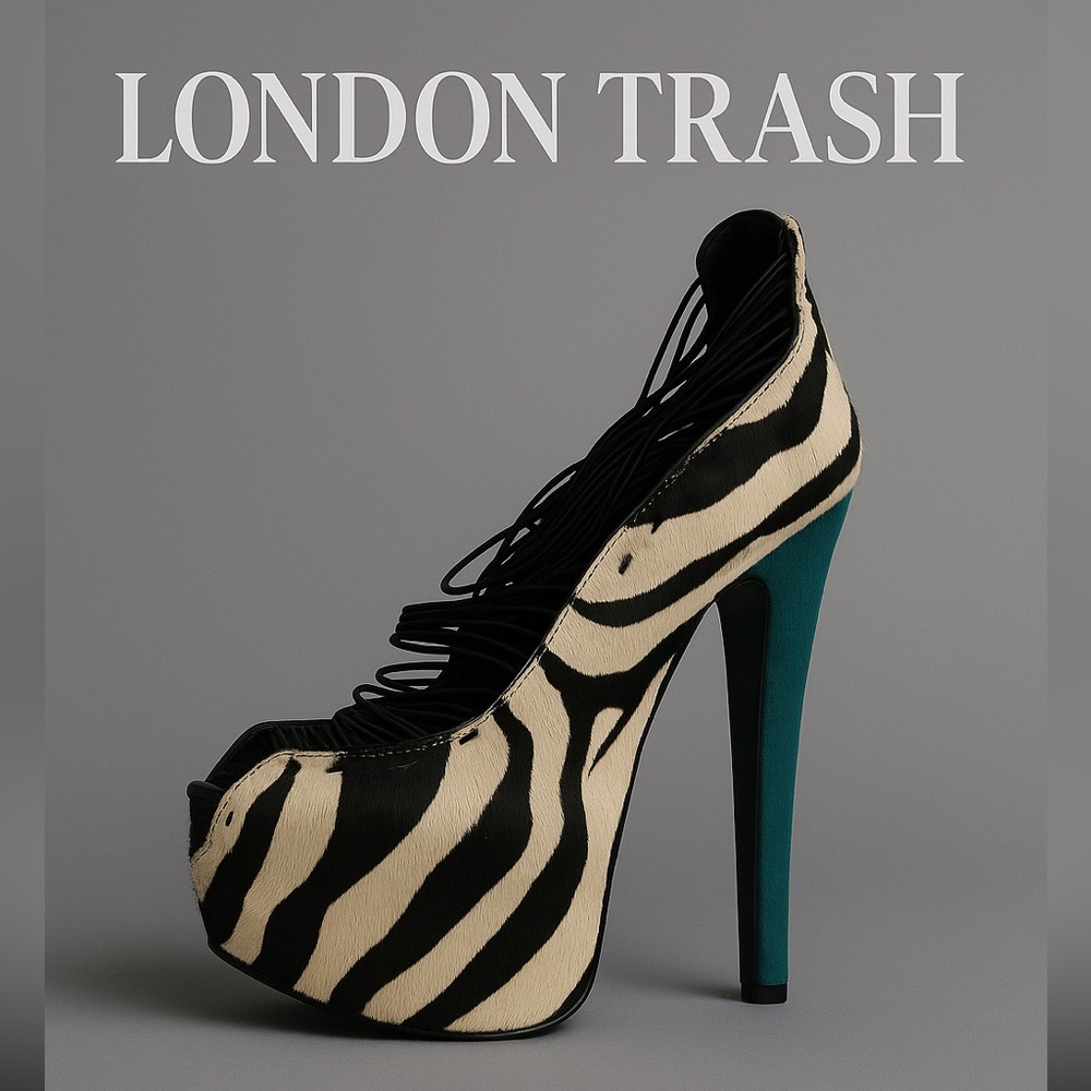 London Trash Crush Heels Size 7.5 Zebra Calf Hair Peep Toe Platform Pumps NWOB